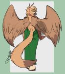  avian backless_dress bird feathered_wings feathers female gryphon looking_back owl rear_view simple_background solo sona_(noxiis) tifa_(artist) walking watermark wide_hips wings yellow_eyes 