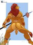  2019 anthro anthrofied backsack balls butt disney felid fur hair hi_res humanoid_penis kion lion mammal markings melee_weapon negger nude pantherine penis polearm rear_view red_eyes red_hair simple_background spear standing the_lion_guard the_lion_king weapon yellow_body yellow_fur 
