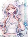  1girl artist_name bangs blonde_hair blue_eyes breasts cleavage commentary_request danganronpa eyebrows_visible_through_hair green_eyes hair_between_eyes happy_birthday holding holding_sack iruma_miu jacket large_breasts long_hair looking_at_viewer new_danganronpa_v3 open_mouth sack skirt white_jacket white_skirt z-epto_(chat-noir86) 