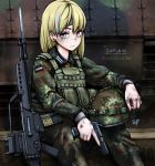  1girl assault_rifle bayonet blonde_hair blue_eyes camouflage commentary dirty flecktarn gun h&amp;k_g36 h&amp;k_usp handgun headwear_removed helmet helmet_removed holding holding_gun holding_weapon load_bearing_vest military original pistol rifle sitting solo trigger_discipline weapon zap-nik 