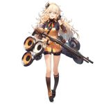 1girl :d asymmetrical_legwear bag bangs bike_shorts black_gloves black_legwear blonde_hair breasts fabarm_sat-8 fang full_body girls_frontline gloves green_eyes gun hair_between_eyes hair_tucking hairband kneehighs long_hair long_sleeves looking_at_viewer mismatched_legwear nin official_art open_mouth orange_hairband pleated_skirt pouch s.a.t.8_(girls_frontline) shotgun shotgun_shells shoulder_bag skirt sleeves_rolled_up small_breasts smile solo standing transparent_background trigger_discipline turtleneck weapon wing_collar yellow_gloves 