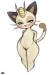  2019 anthro big_butt blush breasts butt digital_media_(artwork) english_text felid feline female fur hi_res looking_at_viewer mammal meowth navel nintendo nude open_mouth pok&eacute;mon pok&eacute;mon_(species) pussy saltyxodium sharp_teeth signature simple_background small_breasts smile solo solo_focus teeth text thick_thighs tongue video_games whiskers wide_hips 