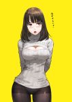  1girl arms_behind_back ass bangs black_legwear blush breasts brown_eyes brown_hair cleavage cleavage_cutout commentary cowboy_shot eyebrows_visible_through_hair grey_sweater highres jun_(seojh1029) long_hair long_sleeves looking_to_the_side medium_breasts meme_attire nose open-chest_sweater open_mouth original panties panties_under_pantyhose pantyhose ribbed_sweater simple_background solo standing sweater thighband_pantyhose translated turtleneck turtleneck_sweater underwear upper_teeth white_panties yellow_background 