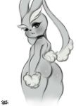  2019 anthro blush butt collar digital_media_(artwork) english_text female fur greyscale hi_res lagomorph looking_at_viewer lopunny mammal monochrome nintendo nipples nude pok&eacute;mon pok&eacute;mon_(species) saltyxodium signature simple_background solo solo_focus text thick_thighs video_games 