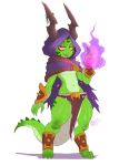  2019 3_toes absurd_res armor breasts clothing female gauntlets gloves green_body green_scales handwear hi_res hood kobold loincloth magic_user midriff nerdbayne open_mouth orange_sclera scales scalie simple_background solo spats spines standing symbol toes under_boob white_background 