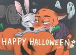  &lt;3 ambiguous_gender anthro canid canine clothing disney duo english_text food fox fruit fur grey_body grey_fur halloween holidays jack-o&#039;-lantern judy_hopps lagomorph leporid mammal nick_wilde open_mouth open_smile orange_body orange_fur plant poki_o_o_o pumpkin rabbit red_fox shirt smile text tombstone topwear torn_clothing torn_shirt torn_topwear zootopia 