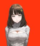  1girl anger_vein arms_behind_back bangs blush breasts brown_eyes brown_hair cleavage cleavage_cutout closed_mouth commentary_request eyebrows_visible_through_hair grey_sweater highres jun_(seojh1029) long_hair long_sleeves looking_at_viewer medium_breasts meme_attire nose open-chest_sweater orange_background original panties red_background ribbed_sweater simple_background solo standing sweater turtleneck turtleneck_sweater underwear upper_body upper_teeth white_panties 