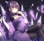  1girl bangs black_legwear breasts cleavage commentary_request dress eyebrows_visible_through_hair fate_(series) hair_between_eyes highres large_breasts long_hair looking_at_viewer pantyhose purple_dress purple_hair red_eyes scathach_(fate)_(all) scathach_skadi_(fate/grand_order) solo tiara yua_(bokubo0806) 