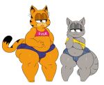 absurd_res anthro anthrofied big_butt bottomwear bulge butt clothing crop_top domestic_cat felid feline felis garfield garfield_(series) girly half-closed_eyes hi_res male mammal nermal_(garfield) shirt shorts simple_background sssonic2 text thick_thighs topwear white_background wide_hips 