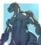  2019 abs animal_genitalia anthro biceps dinosaur elaismurnhem fals feathers genital_slit green_eyes grey_body grey_skin hi_res looking_at_viewer low-angle_view male muscular muscular_male nude pecs reptile scalie simple_background slit smile solo standing teeth theropod tyrannosaurid tyrannosaurus tyrannosaurus_rex userwithmanynames white_body white_feathers 