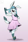  2019 4_toes anklet anthro blue_body blue_eyes blue_fur blush bow bracelet clothed clothing digital_media_(artwork) eeveelution female fur gesture glaceon hi_res jewelry looking_at_viewer nintendo open_mouth pok&eacute;mon pok&eacute;mon_(species) sharkysocks simple_background smile solo sundress toes video_games waving 