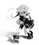  1girl bangs bike_shorts blunt_bangs closed_mouth commentary cross-laced_footwear domino_mask full_body greyscale high_tops holding holding_weapon inkling jacket long_hair long_sleeves looking_at_viewer mask monochrome pointy_ears shadow shimidu_sp shoes smile solo splatoon_(series) splatoon_2 splattershot_jr_(splatoon) standing tentacle_hair weapon 