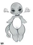  2019 anthro bedroom_eyes blush butt charmander collar digital_media_(artwork) english_text female fire flaming_tail greyscale half-closed_eyes hi_res looking_at_viewer monochrome nintendo nude pok&eacute;mon pok&eacute;mon_(species) pussy reptile saltyxodium scalie seductive signature simple_background smile solo solo_focus text thick_thighs video_games 