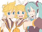  1boy 2girls aqua_eyes aqua_hair aqua_neckwear armpits bangs bare_shoulders black_collar black_sleeves blonde_hair blue_eyes bow collar collarbone commentary detached_sleeves grey_shirt grin group_picture hair_bow hair_ornament hairclip hands_on_shoulders hatsune_miku headphones highres kagamine_len kagamine_rin light_blush long_hair looking_at_viewer m0ti multiple_girls neckerchief necktie one_eye_closed sailor_collar school_uniform self_shot shirt short_ponytail short_sleeves sleeveless sleeveless_shirt smile spiked_hair swept_bangs twintails upper_body v very_long_hair vocaloid white_background white_bow yellow_neckwear 