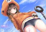  1girl black_shorts blush breasts brown_eyes brown_hair cameltoe cleft_of_venus day eyebrows_visible_through_hair fingerless_gloves gloves guilty_gear guilty_gear_2020 hat heart heart_tattoo long_hair looking_at_viewer may_(guilty_gear) orange_headwear orange_shirt pirate_hat rabittofaa shirt shorts skull_and_crossbones smile solo tattoo 