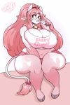  bell big_breasts bovid bovine breasts cattle collar curvy_figure dairy_queen ear_tag english_text eyewear female glasses hair hooves horn looking_at_viewer mammal midriff milkshake navel pink_hair secretly_saucy slightly_chubby solo tail_tuft text thick_thighs tuft voluptuous wide_hips 