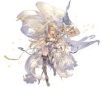  1girl ahoge armor armored_boots bangs bare_shoulders blonde_hair blue_eyes boots breasts dress flag full_body gloves granblue_fantasy hair_ornament holding holding_sword holding_weapon jeanne_d&#039;arc_(granblue_fantasy) long_hair medium_breasts minaba_hideo official_art open_mouth petals polearm single_glove sleeveless sleeveless_dress solo sword thigh_boots thighhighs torn_clothes torn_dress transparent_background weapon white_dress 