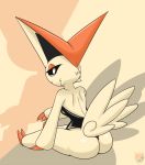  2017 2_toes 3_fingers anthro big_butt big_ears black_eyes blowup_background breasts butt butt_wings clothed clothing eyelashes fangs female fingers fur half-closed_eyes hi_res latiar legendary_pok&eacute;mon looking_back mammal nintendo pok&eacute;mon pok&eacute;mon_(species) rubber side_boob simple_background sitting solo toes victini video_games wings 