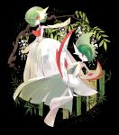  1boy 1girl arm_up bamboo bangs black_background collarbone commentary_request flat_chest flower full_body gallade gardevoir gen_3_pokemon gen_4_pokemon green_hair hair_over_one_eye leg_up looking_at_viewer looking_to_the_side mega_gallade mega_gardevoir mega_pokemon multicolored_hair no_humans no_mouth outstretched_arm pokemon pokemon_(creature) red_eyes short_hair standing standing_on_one_leg tamura_yuki tree two-tone_hair white_flower white_skin 