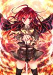  1girl alastor_(shakugan_no_shana) black_jacket black_legwear bow cowboy_shot double-breasted fire highres holding holding_sword holding_weapon jacket jacket_on_shoulders jewelry looking_at_viewer miniskirt pendant red_eyes red_hair school_uniform serafuku shakugan_no_shana shana skirt smile sword tachitsu_teto thighhighs weapon yellow_bow 