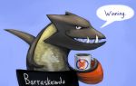  2019 anonymous_artist barracuda barraskewda beverage blue_background coffee cup english_text fangs fin fish marine nintendo pok&eacute;mon pok&eacute;mon_(species) scales scombriform simple_background smile speech_bubble text video_games yellow_body yellow_scales 