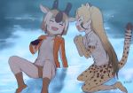  2girls animal_ears animal_print arm_support bare_legs blonde_hair brown_hair buruma cheetah_(kemono_friends) cheetah_ears cheetah_print cheetah_tail closed_eyes commentary_request elbow_gloves extra_ears eyebrows_visible_through_hair fang furrowed_eyebrows gloves hand_up hands_up highres horns jacket kemono_friends kneeling knees_up laughing leaning_back long_hair long_sleeves masuyama_ryou miniskirt multicolored_hair multiple_girls open_clothes open_jacket open_mouth print_gloves print_legwear print_skirt pronghorn_(kemono_friends) shirt shoes short_hair short_sleeves sitting skirt smile socks tail tearing_up thighhighs two-tone_hair very_long_hair water wet wet_clothes wet_hair wet_shirt white_hair zettai_ryouiki |d 
