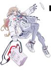  1girl astronaut blonde_hair blue_eyes bodysuit boots commentary container full_body gloves highres hose jacket long_hair nasa_logo nike original shoes sneakers solo spacesuit tarou2 white_background white_footwear white_gloves white_jacket 