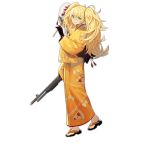  1girl :d alternate_costume alternate_hairstyle bangs black_footwear black_gloves blonde_hair blush breasts cork eyebrows_visible_through_hair fabarm_sat-8 fan food full_body girls_frontline gloves green_eyes gun hair_ribbon holding holding_fan holding_gun holding_weapon japanese_clothes kimono large_breasts long_hair looking_at_viewer messy_hair nin obi official_art open_mouth orange_ribbon paper_fan pizza ribbon s.a.t.8_(girls_frontline) sandals sash shotgun smile solo spas-12 standing toes transparent_background twintails uchiwa weapon yellow_kimono yukata 