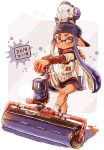  1girl absurdres autobomb_(splatoon) backwards_hat bangs baseball_jersey black_shorts blunt_bangs carbon_roller_(splatoon) closed_mouth commentary dark_skin dated domino_mask foot_up gym_shorts harutarou_(orion_3boshi) hat highres holding holding_weapon ink_tank_(splatoon) inkling logo long_hair long_sleeves looking_at_viewer mask paint_splatter pointy_ears print_shirt purple_hair purple_headwear red_footwear sandals shirt short_over_long_sleeves short_shorts short_sleeves shorts socks solo splatoon_(series) splatoon_2 standing tentacle_hair weapon white_legwear white_shirt 