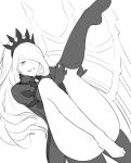  1girl convenient_leg diadem dress fang gloves greyscale grin hair_over_one_eye highres leg_up less long_hair monochrome monster_girl_encyclopedia no_panties parted_lips simple_background single_thighhigh smile solo thighhighs thighhighs_pull will-o&#039;-the-wisp_(monster_girl_encyclopedia) 