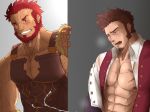  2boys abeberries bara bare_chest beard blush censored chest chest_scar cum ejaculation facial_hair fate/grand_order fate/zero fate_(series) leather male_focus multiple_boys muscle napoleon_bonaparte_(fate/grand_order) pectorals red_eyes red_hair rider_(fate/zero) scar sideburns smile toned toned_male 