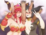  alexstrasza animal_humanoid big_breasts big_penis blizzard_entertainment blush bodily_fluids breasts demon diablo disembodied_penis dragon dragon_humanoid female gesture horn horned_humanoid huge_penis humanoid lilith_(diablo) long_penis looking_at_viewer male male/female not_furry penis penis_on_face sundown_(artist) sweat v_sign video_games warcraft 