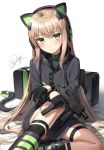  1girl animal_ears axent_wear bag black_gloves black_jacket black_legwear blonde_hair boots cat_ear_headphones cat_tail character_name duffel_bag fake_animal_ears girls_frontline gloves green_eyes gun headphones highres holding holding_gun holding_weapon jacket knee_up long_hair long_sleeves looking_at_viewer object_namesake shadow signature simple_background sitting socks solo steyr_tmp submachine_gun superpig tail thigh_strap tmp_(girls_frontline) trigger_discipline very_long_hair weapon white_background 
