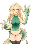  1girl :p absurdres bangs blonde_hair breasts claws great_jagras highres house88812317 long_hair looking_at_viewer monster_hunter monster_hunter:_world navel parted_bangs personification scales smile solo stomach tail tongue tongue_out yellow_eyes 
