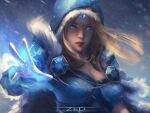  1girl armor artist_name blonde_hair blue_cape blue_eyes breasts cape cleavage closed_mouth crystal_maiden dota_(series) dota_2 forehead_jewel gauntlets glowing glowing_eyes ice lips lipstick long_hair looking_at_viewer makeup painting pauldrons shoulder_armor snow snowing solo winter zed_(trungbui42) 
