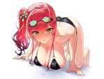  1girl absurdres ahoge azur_lane bikini black_bikini breasts cleavage eyebrows_visible_through_hair goggles goggles_on_head highres huge_filesize italian_flag jii_(user_ihp6405) kneeling large_breasts multi-strapped_bikini o-ring o-ring_bikini red_hair side_ponytail skindentation swimsuit wet white_background yellow_eyes zara_(azur_lane) zara_(poolside_coincidence)_(azur_lane) 