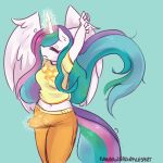  1:1 absurd_res clothed clothing equid erection erection_under_clothing eyes_closed feathered_wings feathers friendship_is_magic gynomorph hair hi_res horn intersex mammal morning_wood multicolored_hair my_little_pony pajamas princess_celestia_(mlp) rainbowsprinklesart solo stretching tenting winged_unicorn wings 