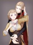  1boy 1girl blonde_hair blue_eyes breasts brother_and_sister cleavage closed_mouth earrings fire_emblem fire_emblem:_three_houses grey_background holding holding_mask hug hug_from_behind inasa jeritza_von_hrym jewelry long_hair long_sleeves mask mercedes_von_martritz parted_lips short_hair siblings simple_background 