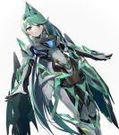  1girl armor bangs blush breasts elbow_gloves epi_zero gem gloves green_eyes green_hair hair_ornament highres jewelry large_breasts long_hair looking_at_viewer medium_breasts pneuma_(xenoblade_2) ponytail shoulder_armor simple_background smile solo spoilers swept_bangs tiara very_long_hair white_background xenoblade_(series) xenoblade_2 