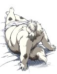  2019 anthro barely_visible_genitalia barely_visible_penis belly blush book_whitener canid canine canis clothing domestic_dog fur humanoid_hands male mammal moobs nipples overweight overweight_male penis sitting solo takagi_kyou underwear white_body white_fur 