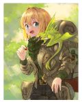  1girl absurdres backpack bag blonde_hair blue_eyes commentary creature eyebrows_visible_through_hair fantasy food fruit highres holding holding_food holding_fruit jacket open_mouth original outdoors scarf short_hair sudzuke 
