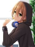  1girl artist_name black_hoodie blurry blurry_background brown_hair candy chain depth_of_field earrings elbow_rest expressionless food green_eyes head_tilt headphones headphones_around_neck highres holding_lollipop idolmaster idolmaster_cinderella_girls indoors jewelry kimura_natsuki kusaka24 lollipop long_sleeves looking_at_viewer plant potted_plant short_hair sitting stud_earrings studded_bracelet symbol_commentary window 