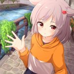  1girl ame. azur_lane bangs blush breasts bridge canal collarbone commentary_request day eyebrows_visible_through_hair flower grey_hair hair_ears hair_ornament hairclip hand_up highres long_hair long_sleeves looking_at_viewer montpelier_(azur_lane) orange_shirt outdoors parted_lips railing red_eyes red_flower shirt small_breasts solo star star_in_eye symbol_in_eye water white_shirt 