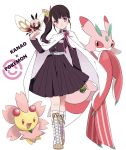  1girl akym animal animal_on_hand black_hair boots butterfly_hair_ornament cape character_name cherrim commentary_request cross-laced_footwear crossover cutiefly full_body hair_ornament highres kimetsu_no_yaiba long_hair lurantis poke_ball pokemon pokemon_(creature) purple_eyes side_ponytail simple_background standing tsuyuri_kanao white_background white_cape white_footwear 