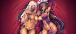  2girls areola_slip areolae arm_up armpits bangs black_hair blush breasts chain circlet collar cowboy_shot cuffs dark_elf dark_skin detached_sleeves earrings elf eyebrows_visible_through_hair groin hair_between_eyes hair_over_one_eye highres hikage_eiji holding_hands jewelry kuroinu_2 kuroinu_~kedakaki_seijo_wa_hakudaku_ni_somaru~ large_breasts long_hair looking_at_viewer lying mistiora_arte multiple_earrings multiple_girls navel no_panties o-ring on_back open_mouth origa_discordia parted_lips pelvic_curtain pointy_ears purple_eyes purple_legwear revealing_clothes scowl shackles shiny shiny_skin stomach thighhighs thighlet thighs veil white_hair yellow_eyes 