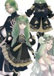  1boy 2girls beard boots bow breasts brother_and_sister circlet cleavage closed_mouth facial_hair fire_emblem fire_emblem:_three_houses flayn_(fire_emblem) flower from_behind garreg_mach_monastery_uniform green_eyes green_hair hair_flower hair_ornament knee_boots long_hair long_sleeves masakikazuyoshi multiple_girls open_mouth rhea_(fire_emblem) seteth_(fire_emblem) short_hair siblings simple_background smile tiara uniform white_background yellow_bow 