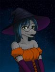  anthro blue_hair breasts clothed clothing corset dress eyewear female fish glasses green_eyes grey_body grey_skin hair halloween hat headgear headwear hi_res holidays lingerie lipstick loli_with_autism looking_at_viewer makeup mammal marine night night_sky shark sky small_breasts smile solo standing star witch_hat 