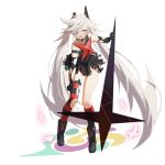  1girl animal_band_legwear asymmetrical_legwear bangs black_cat_(weapon) black_dress black_footwear black_gloves blush boots breasts cat_band_legwear damaged dj_max dress elbow_gloves energy_weapon eyepatch fail_(djmax) full_body girls_frontline gloves hair_between_eyes hair_ornament hair_over_one_eye headgear holding holding_weapon leaning_forward long_hair looking_at_viewer messy_hair official_art open_mouth sidelocks single_thighhigh skindentation solo star striped striped_legwear tearing_up thighhighs torn_clothes twintails very_long_hair waterkuma weapon white_hair 