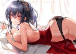  1girl :p ahoge ass azur_lane bangs bare_back bare_shoulders black_hair black_panties blush breasts champagne_flute cocktail_dress cup denchu_(kazudentyu) dress drinking_glass eyebrows_visible_through_hair hair_between_eyes hair_ornament highres large_breasts long_hair looking_at_viewer lying on_stomach panties pouring_onto_self red_dress red_eyes solo taihou_(azur_lane) taihou_(forbidden_feast)_(azur_lane) tongue tongue_out underwear very_long_hair 