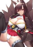  1girl akagi_(azur_lane) animal_ear_fluff animal_ears azur_lane bangs black_gloves black_legwear breasts brown_hair cleavage cleavage_cutout closed_fan expressionless eyebrows_visible_through_hair fan folding_fan fox_ears fox_girl fox_tail gloves highres holding holding_fan knee_up large_breasts long_hair looking_at_viewer lying miniskirt multiple_tails obi on_back open_clothes panties phil pleated_skirt red_eyes red_skirt sash simple_background skirt solo spread_legs tail underwear upskirt very_long_hair white_background white_panties wide_sleeves 